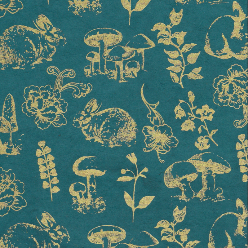 Mushroom & Rabbit - Gold on Watermelon Green