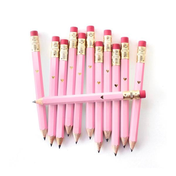 Gold Heart Mini Pink Pencils - 12 Pack