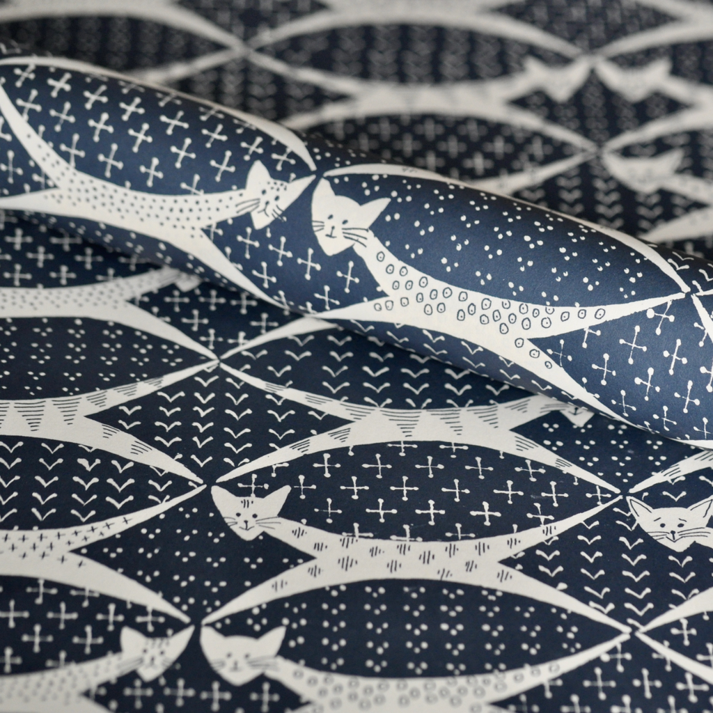 Navy Cats Patterned Paper Gift Wrap