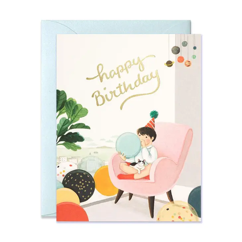 Blowing Balloons Birthday Single Card