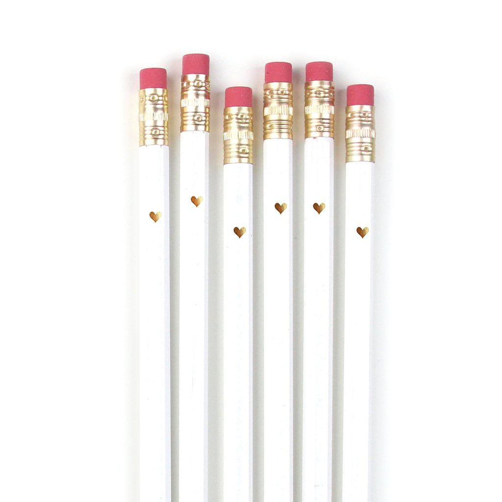 White Full Length Pencils - Gold Heart