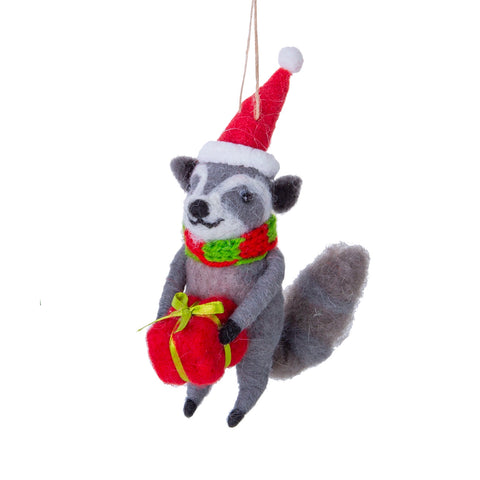Felt Raccoon Holding Present Ornament