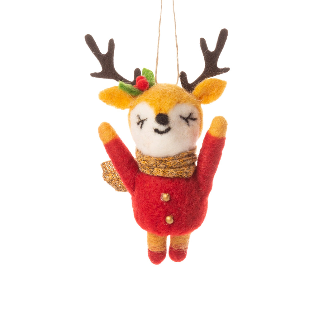Felt Reindeer in Red Coat Ornament
