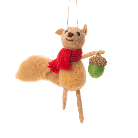 Felt Squirrel Holding Green Acorn Ornament
