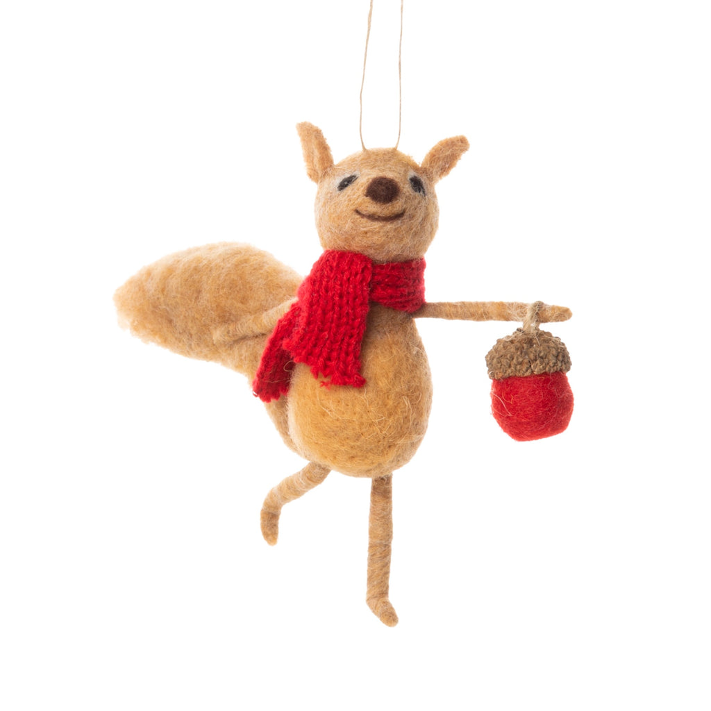 Felt Squirrel Holding Red Acorn Ornament